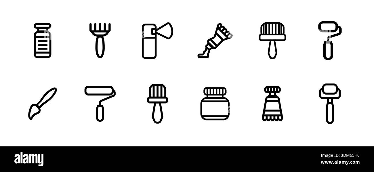 Symbolsatz Malwerkzeuge. Pinsel mit breiter Borste und Wischpinsel, Malerwalzen, Röhrchen und Flaschen. Einfache schwarze Kontur. Stock Vektor