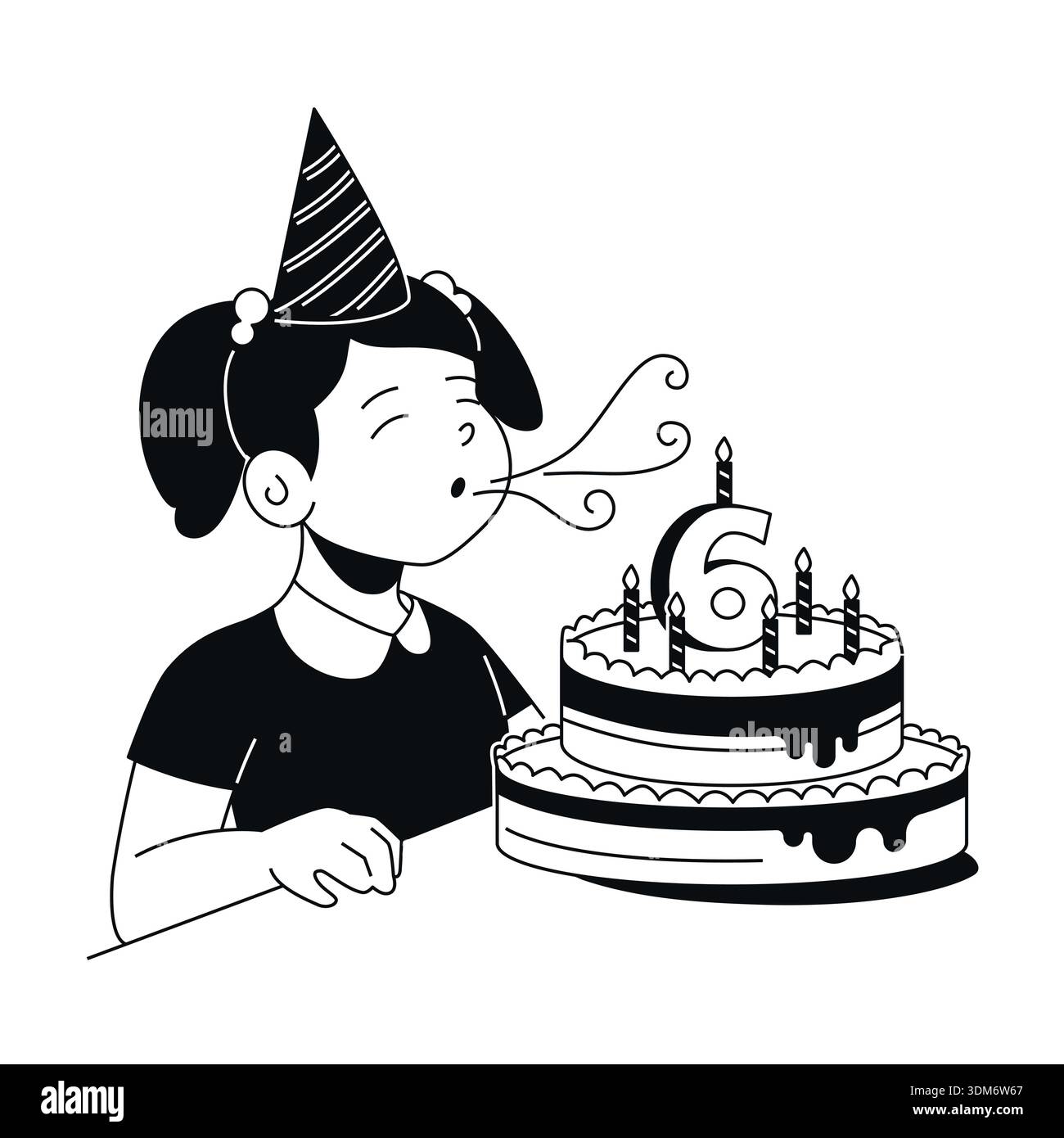 Sechste Geburtstagsparty - Schwarzweiß flache Design-Illustration Stock Vektor