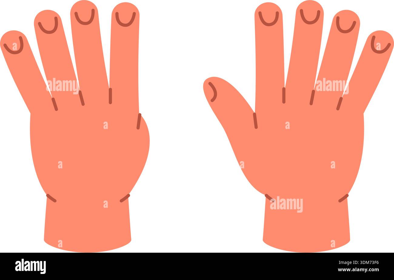 Hände zeigen die Nummer 9 mit fünf Fingern und vier. Flache Vektor-Zeichentrickhandgeste für das Zahlenlernen in der Früherziehung Stock Vektor