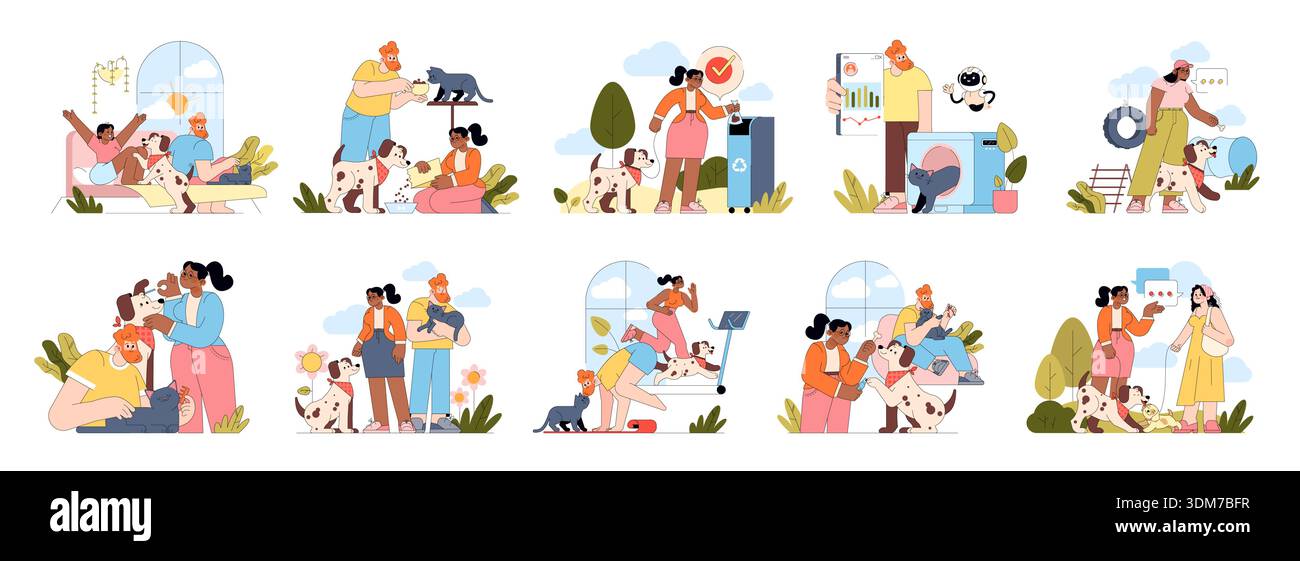 Vektor-Illustrationssatz, der verschiedene Familienszenarien mit Haustieren darstellt. Bilder umfassen Familienzeit, Fütterung von Haustieren, Recycling, Training und Pflege von Tieren und zeigen alltägliche Familienaktivitäten. Stock Vektor