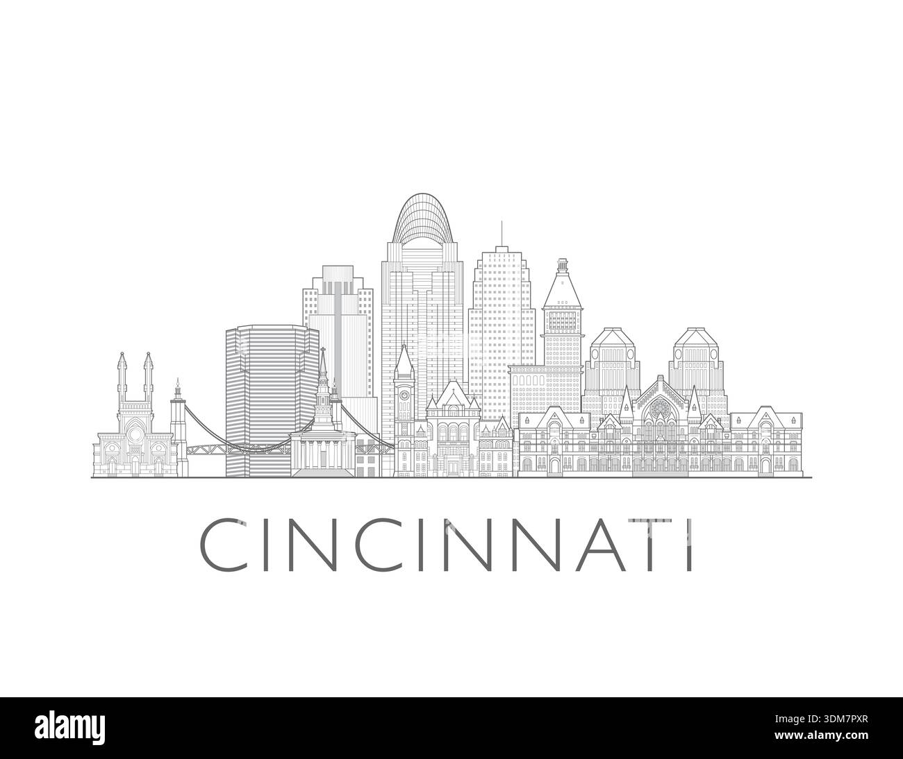 Cincinnati, Ohio, Skyline, USA. Städtisches Stadtbild mit Wahrzeichen und Denkmälern. Handgezeichnete digitale Skyline-Illustration. Stockfoto