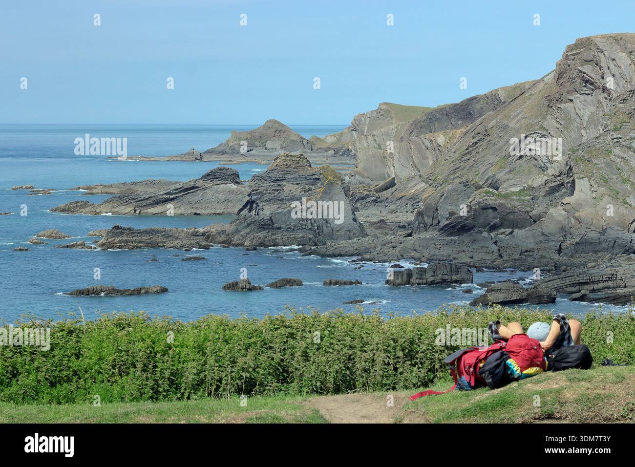 Küste mit Blick auf Lundy vom Hartland Quay auf dem South West Coast Path im Norden von Devon, England, Großbritannien. Sommer. Juni. Stockfoto
