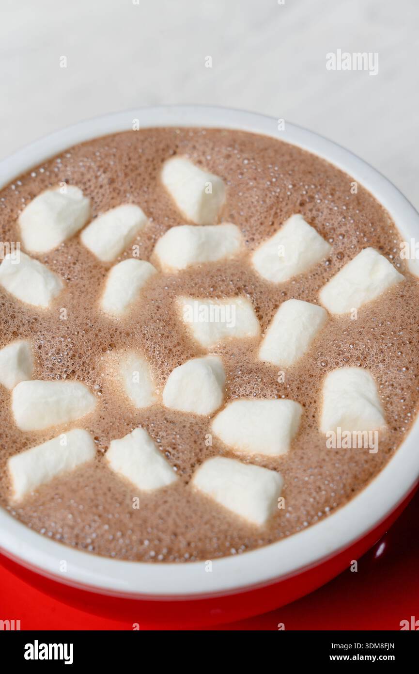 Heiße Schokolade mit weißen Marshmallows in einem roten Keramikbecher. Eine Tasse heißer Kakao mit weißen Marshmallows zum Nachtisch in einem Café, Nahaufnahme Stockfoto