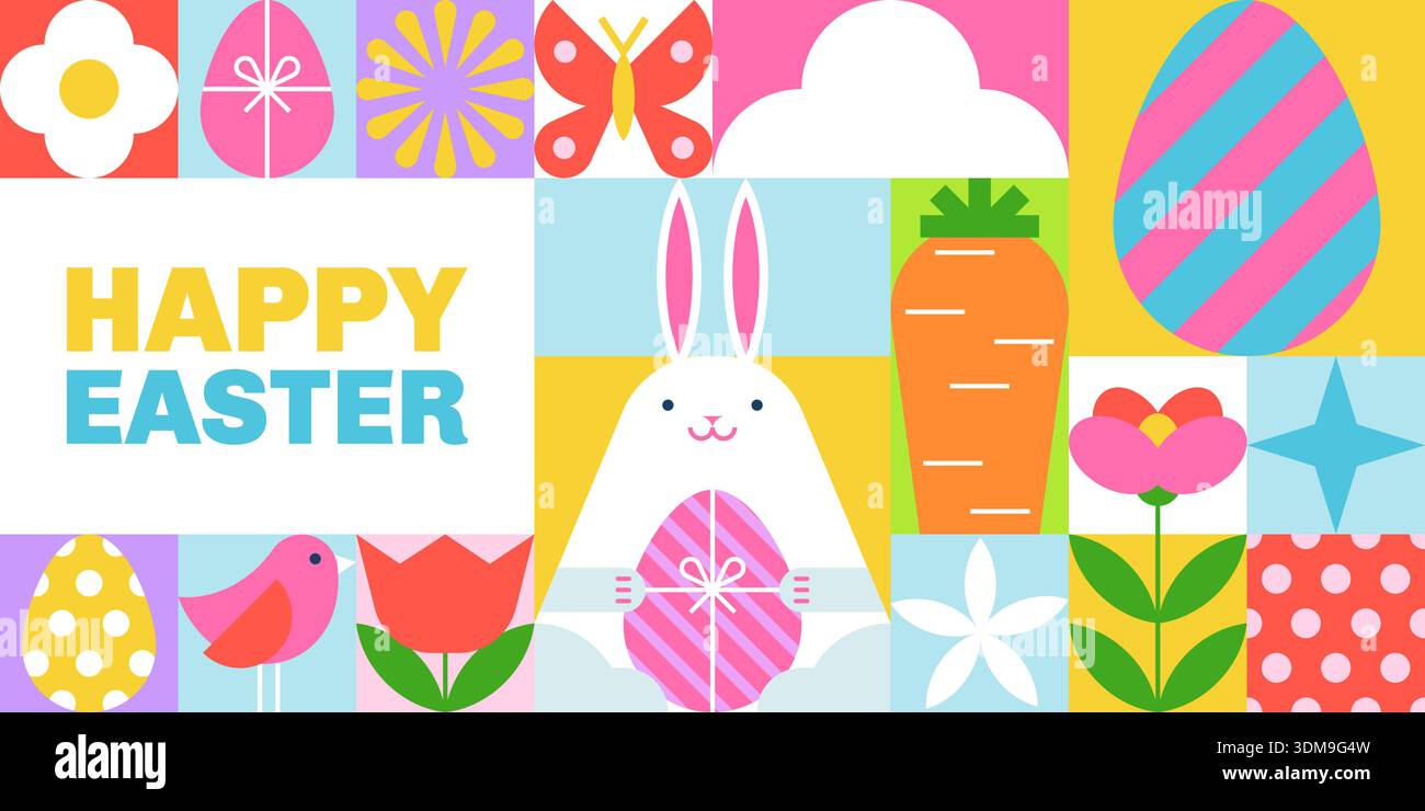 Happy Easter Banner, Flyer, Poster, Grußkarte. Geometrischer Hintergrund mit bunten Eiern, Kaninchen, Häschen, Frühlingsblüten Blumen. Farbblock für Feiertage Stock Vektor