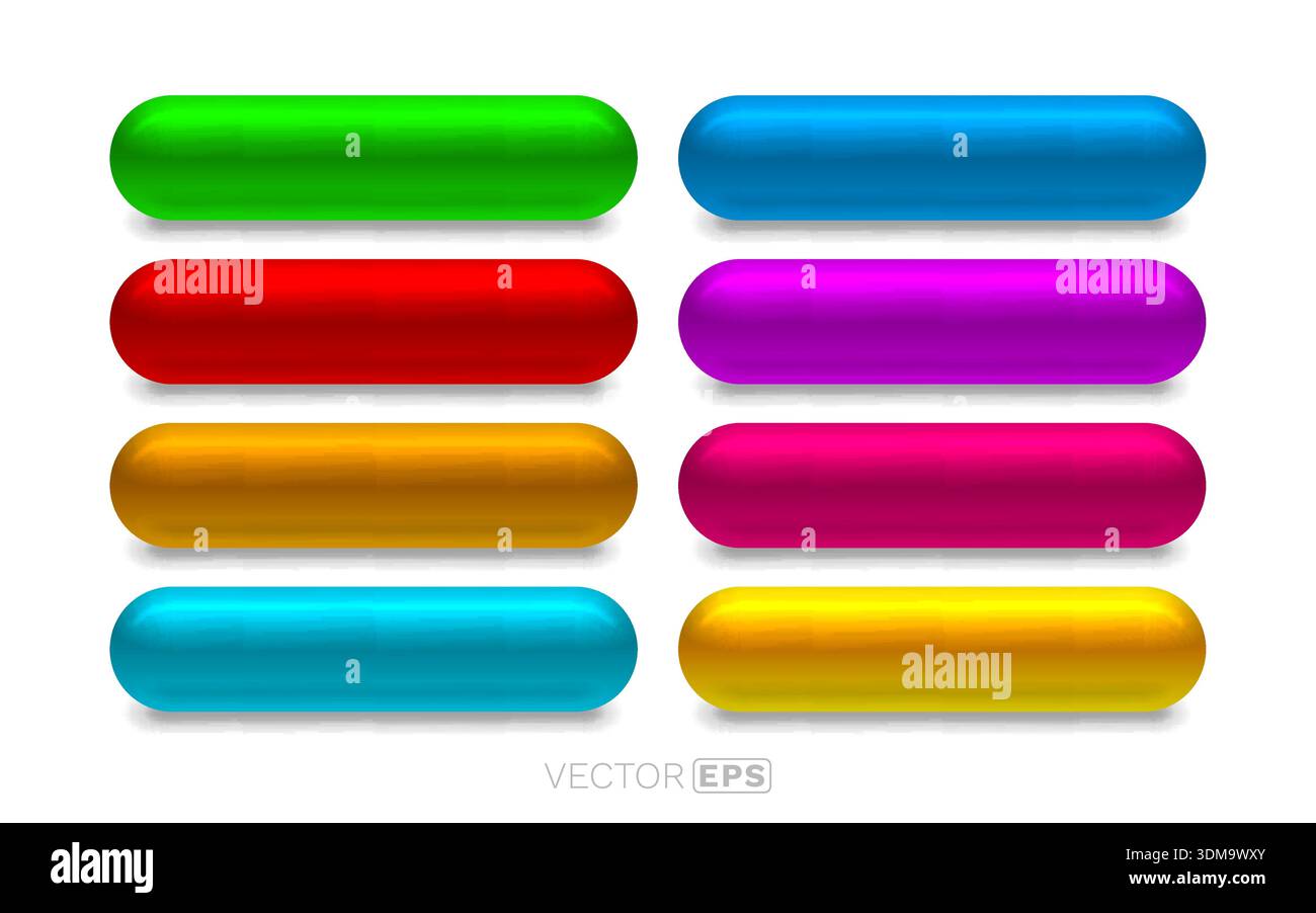 Ein Satz farbenfroher, glänzender 3D-Webtasten, perfekt für das Design moderner Benutzeroberflächen. Moderne leere UI-Elemente für Ihre Konstruktionsprojekte. Vektorabbildung Stock Vektor