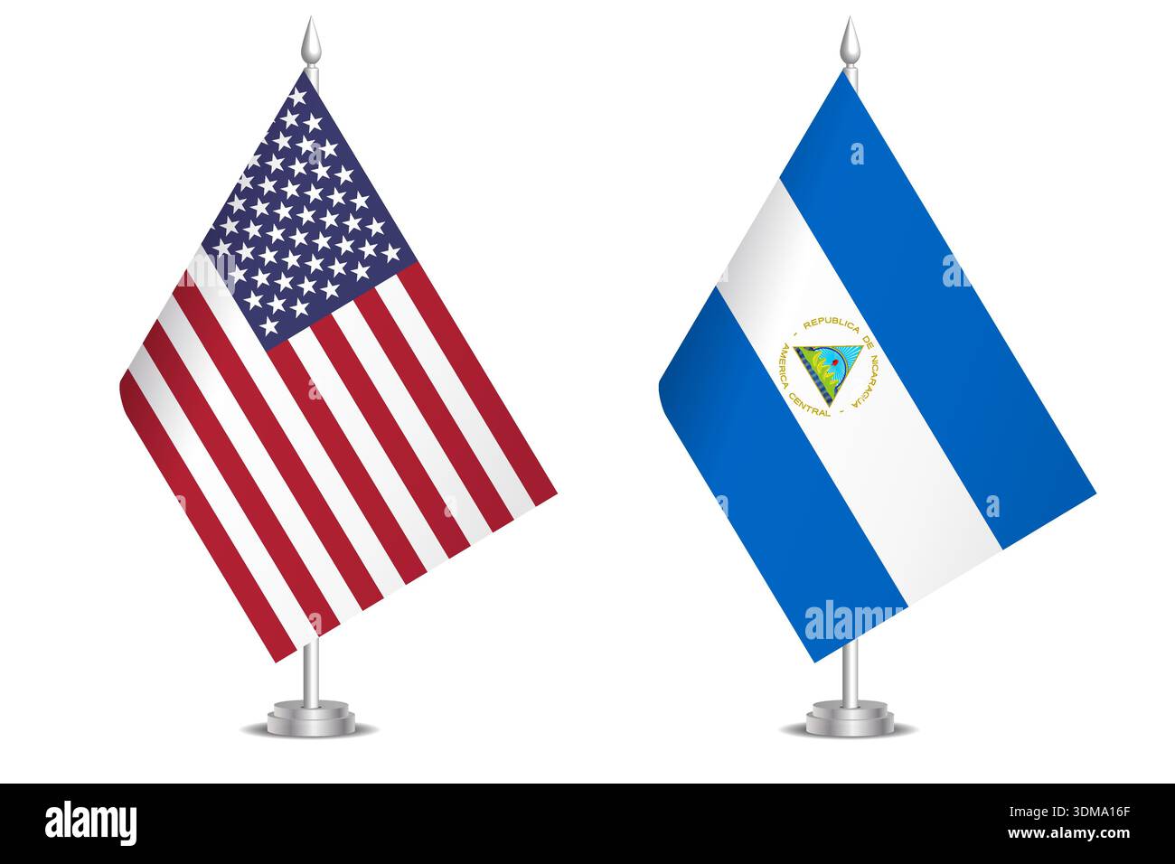 Flaggen der Vereinigten Staaten und Nicaraguas. Das Konzept der Partnerschaft und des gemeinsamen Handelns. Symbol für Partnerschaft, Zusammenarbeit, internationale Zusammenarbeit, friedliche Verhandlungen, Allianz, bilaterale Kommunikation Stock Vektor