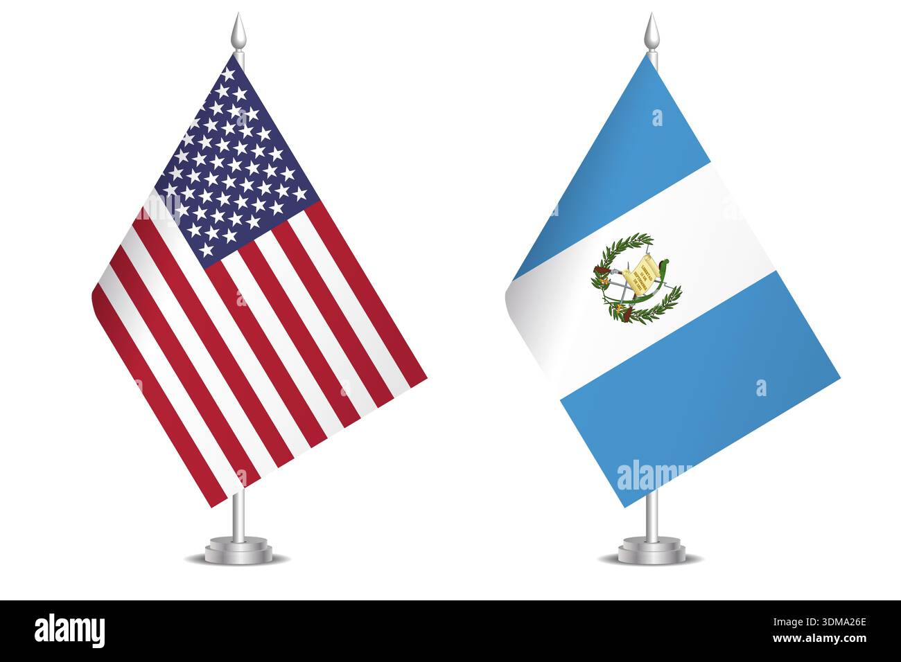 Flaggen der Vereinigten Staaten und Guatemalas. Das Konzept der Partnerschaft und des gemeinsamen Handelns. Symbol für Partnerschaft, Zusammenarbeit, internationale Zusammenarbeit, friedliche Verhandlungen, Allianz, bilaterale Kommunikation Stock Vektor