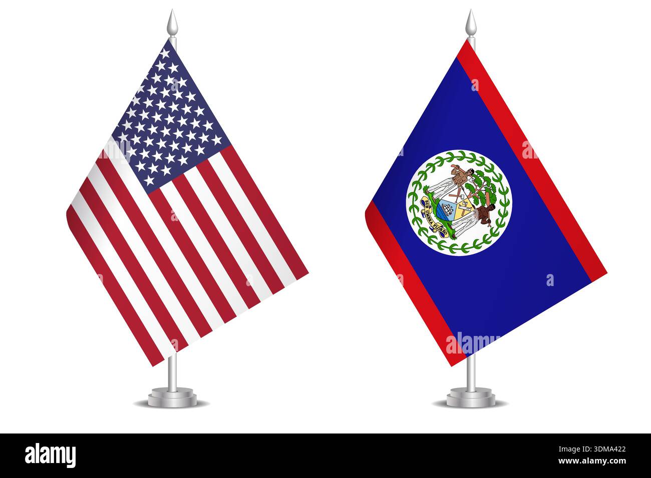Flaggen der Vereinigten Staaten und Belize. Das Konzept der Partnerschaft und des gemeinsamen Handelns. Symbol für Partnerschaft, Zusammenarbeit, internationale Zusammenarbeit, friedliche Verhandlungen, Allianz, bilaterale Kommunikation Stock Vektor