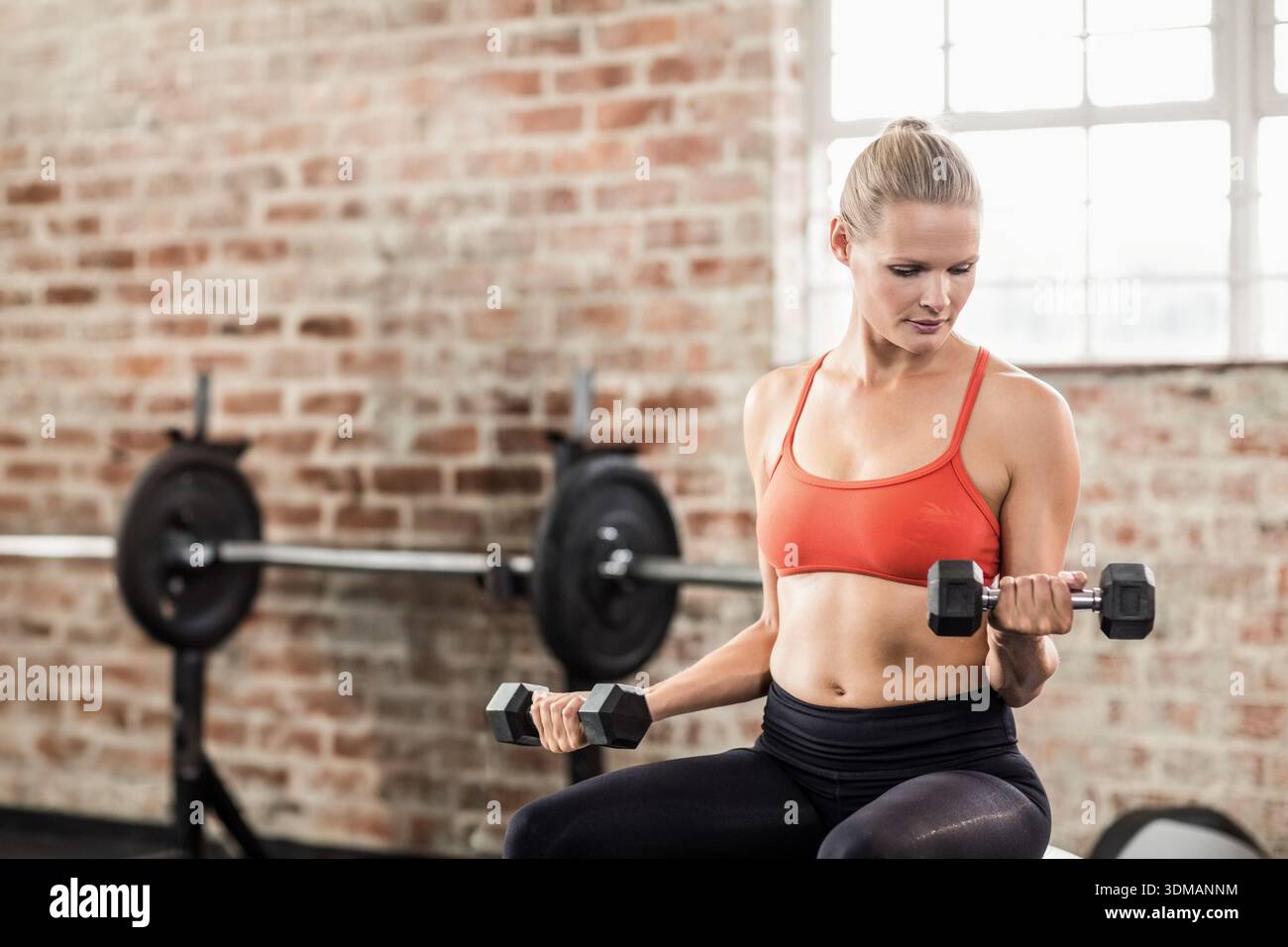 Frau mit orangefarbenem BH, schwarzer Hose, die auf der Bank im Fitnessstudio sitzt und Hexen-Kurzhanteln hält, Kopierraum. Fitness, Training, Kraft, Gewichte, Langhantel, Sonnenlicht Stockfoto