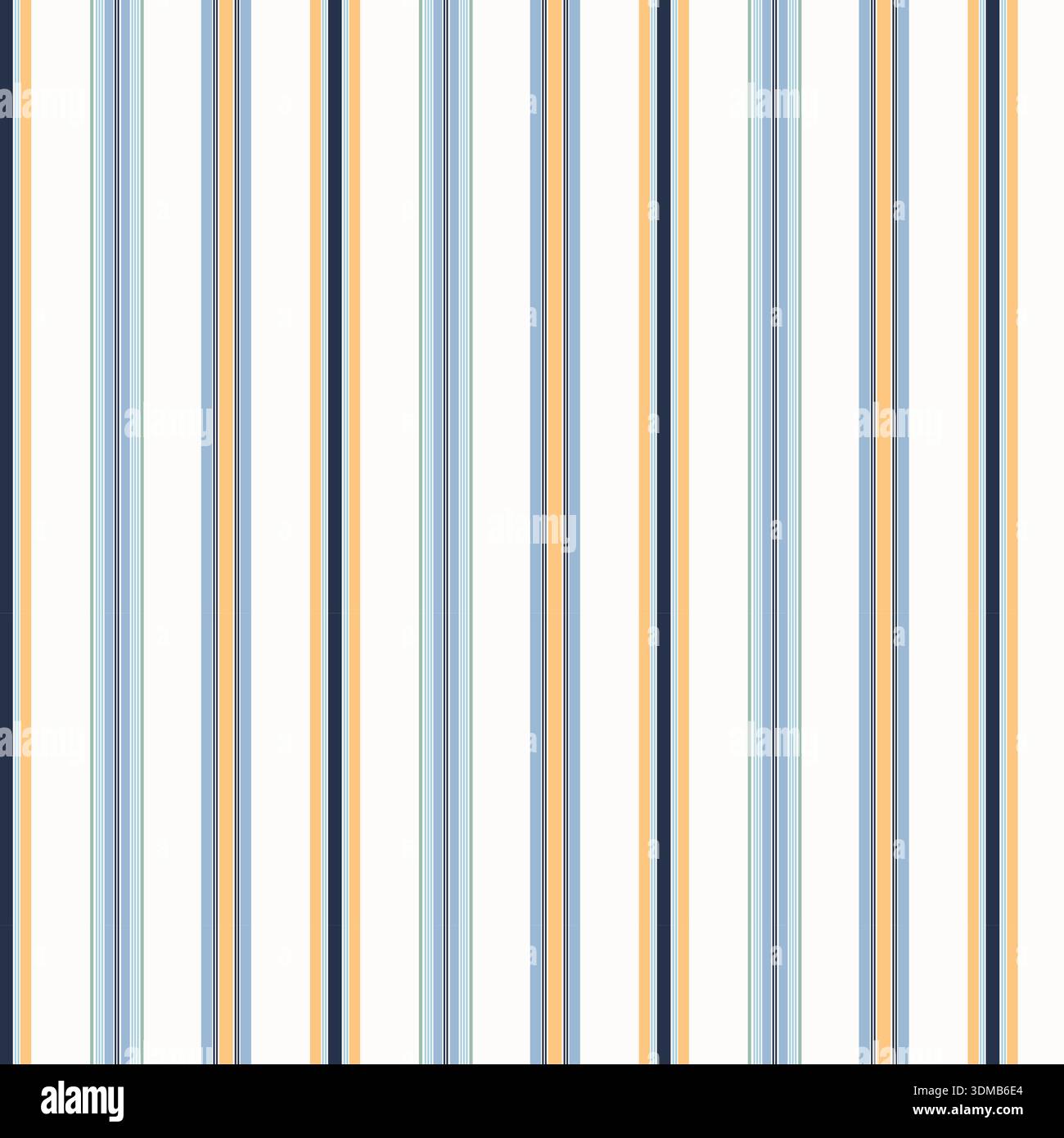 Nahtloses vertikales Streifenmuster in Blau, Orange und weiß. Klares und modernes Design, ideal für Textilien, Tapeten, Verpackungen, Branding und digitale Medien Stock Vektor