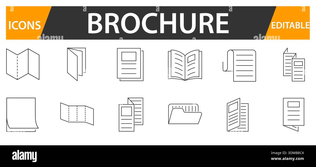 Symbolsatz für Broschürenlinien mit bearbeitbaren Konturen. Stock Vektor