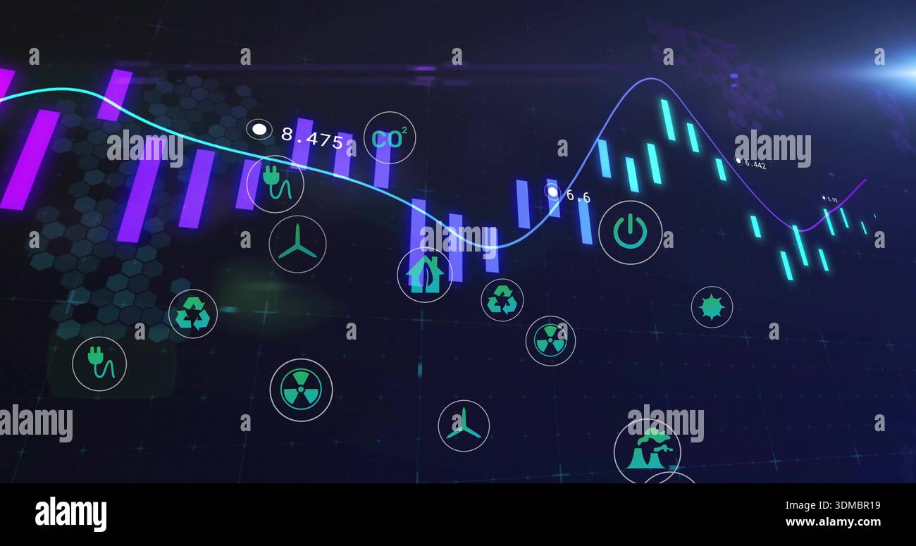 Anzeige des virtuellen Armaturenbretts für Neonenergie, mit gekrümmter zyanfarbener Trendlinie, Kerzenleuchtern und Neonsymbolen Stockfoto