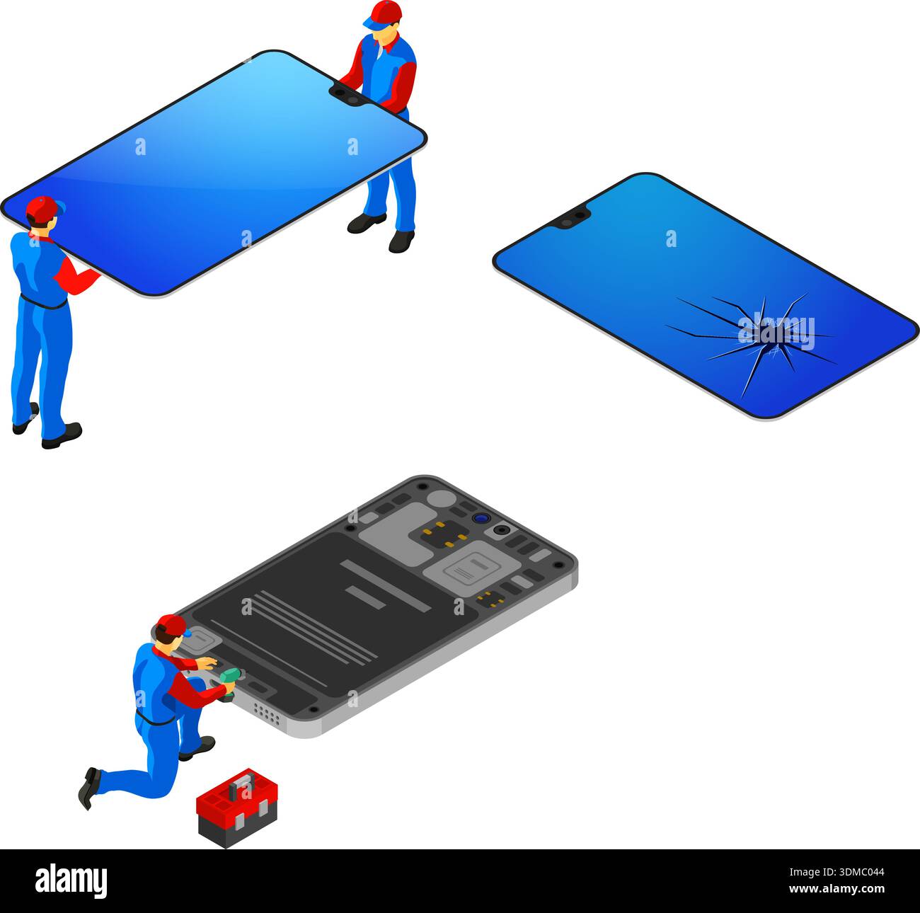 Reparaturservice Für Mobiltelefone. Isometrische Menschen in einheitlicher Reparatur kaputter Smartphone-Bildschirm. Online-Internet-Support. Vorlage für Landing-Page. Isoliertes Fahrzeug Stock Vektor