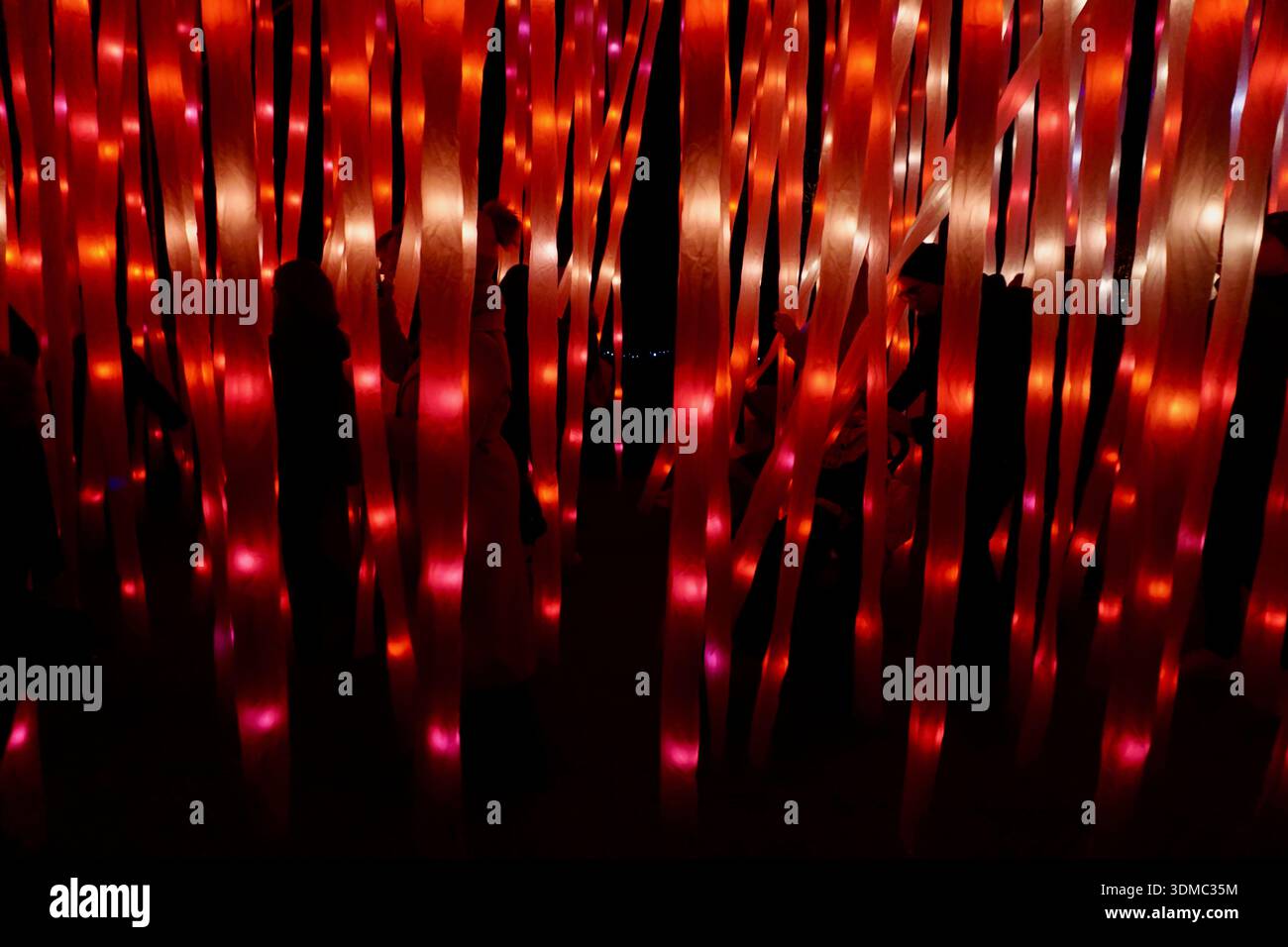Besucher, die durch eine beleuchtete Lichtinstallation in Kew Gardens, London, England, spazieren gehen Stockfoto