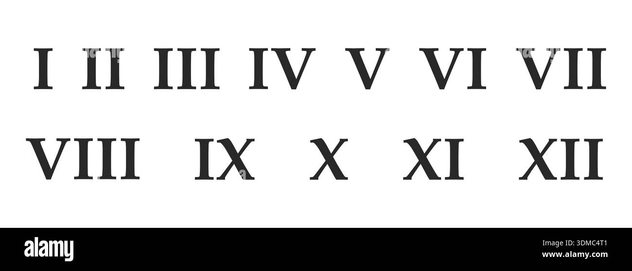 Römische oder griechische Ziffern eingestellt. Zahlen von eins bis zwölf sind in zwei Reihen angeordnet. Typografie. Vektorabbildung Stock Vektor