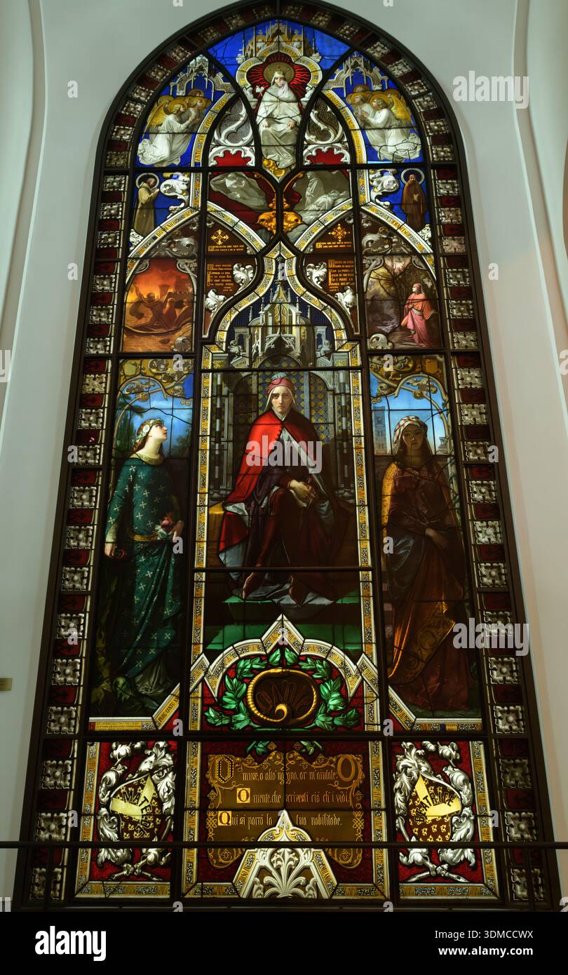 Detail von Dantesque Glass Window, 1851, von Giuseppe Bertini, Buntglas, Biblioteca Ambrosiana, Mailand. Stockfoto