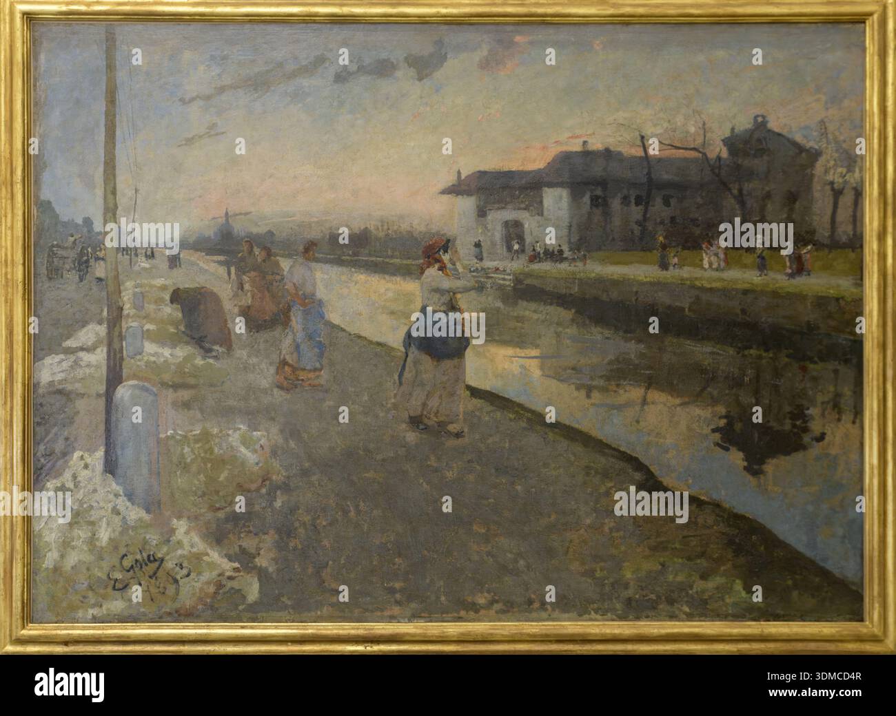 The Laundresses on the Naviglio, 1893, von Emilio Gola, Öl auf Leinwand. Sammlung: Biblioteca Ambrosiana, Mailand, Italien. Stockfoto