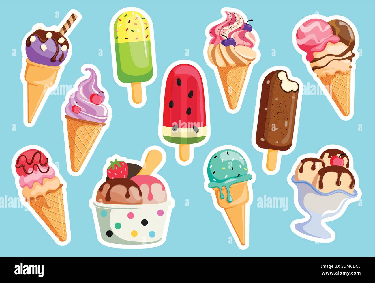 Clipart-Set mit Eiscreme und Sticker. Süßeis und Eis für Sommerdesserts bedruckbare Stickerkollektion mit verschiedenen Geschmacksrichtungen Stock Vektor