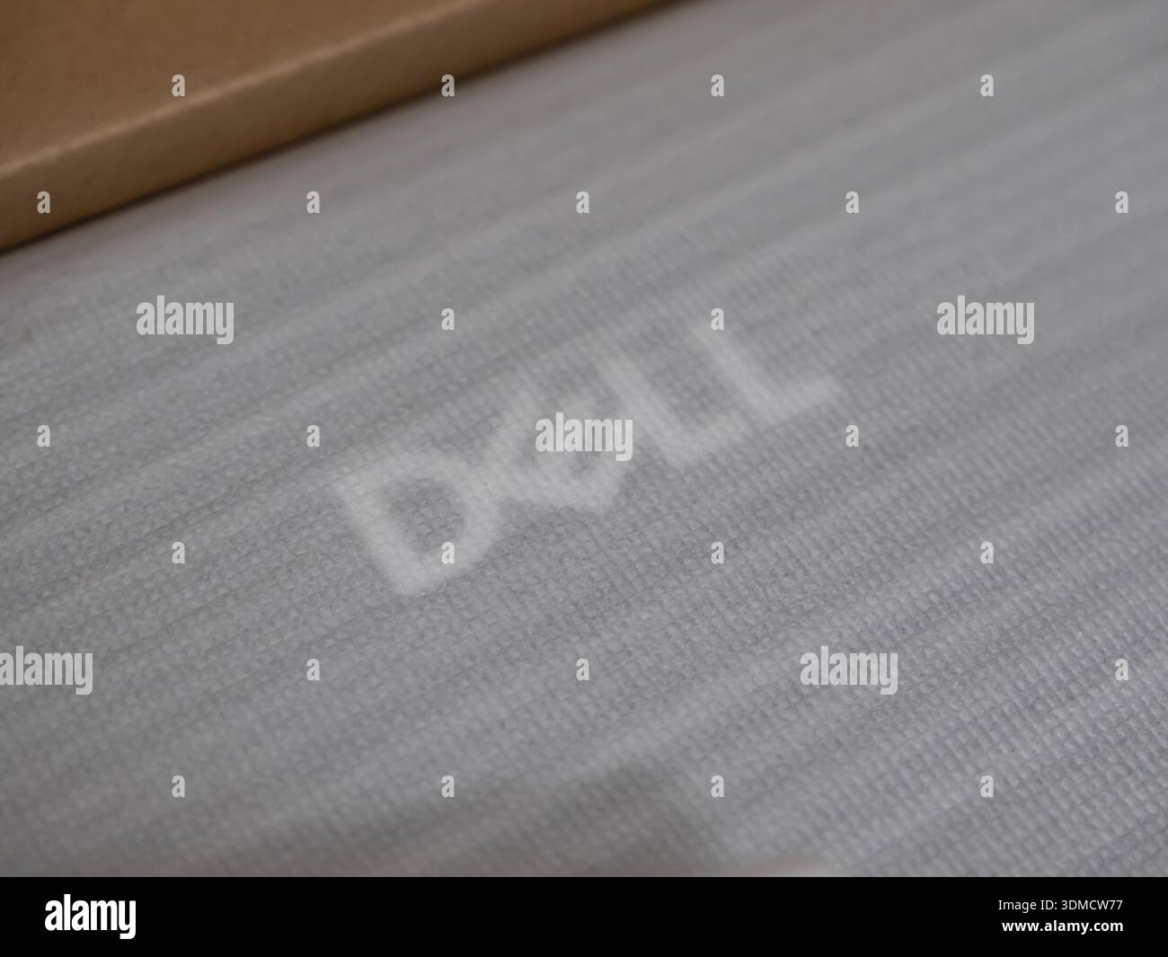 Posen, Polen – 13. November 2025: Logo der Marke Dell auf weichem, weißem, strukturiertem Schutzverpackungsmaterial, das auf die Lieferung neuer Technologien hinweist Stockfoto
