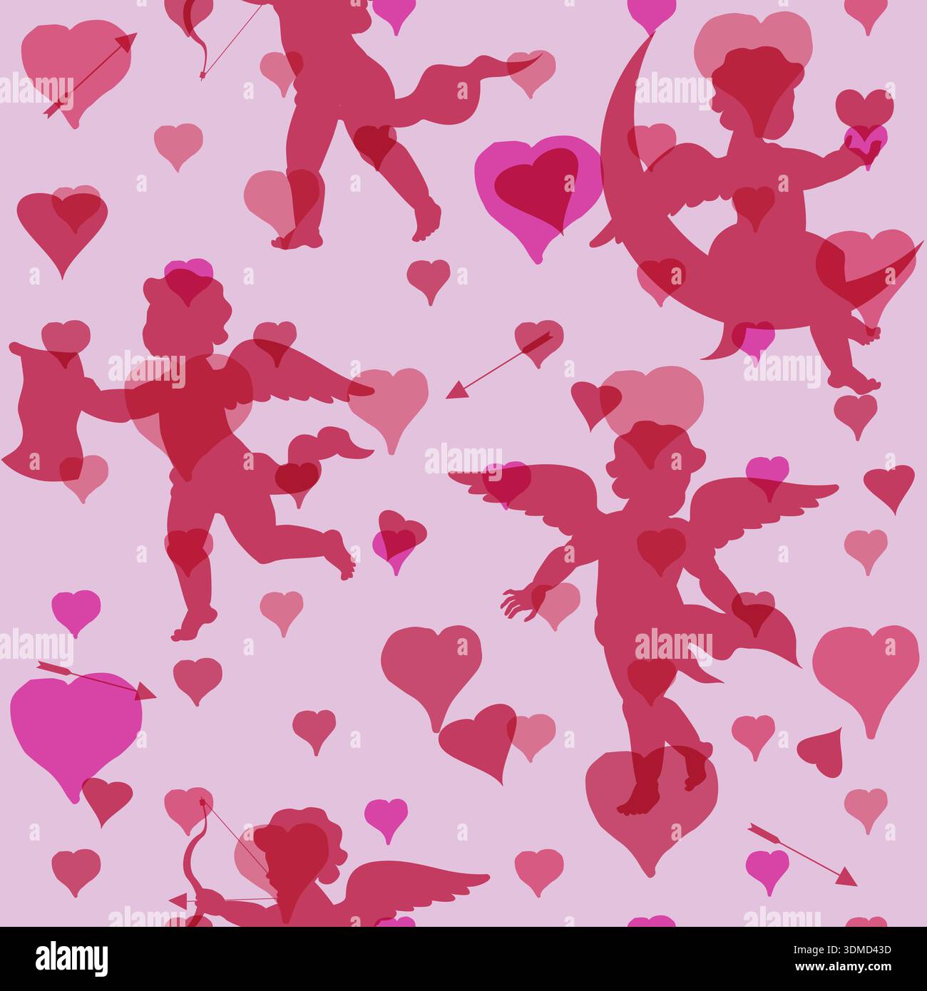 Nahtloses Muster Vintage Cupid dunkel romantisch auf schwarzem Hintergrund, unleserliche Schrift, Text Stock Vektor
