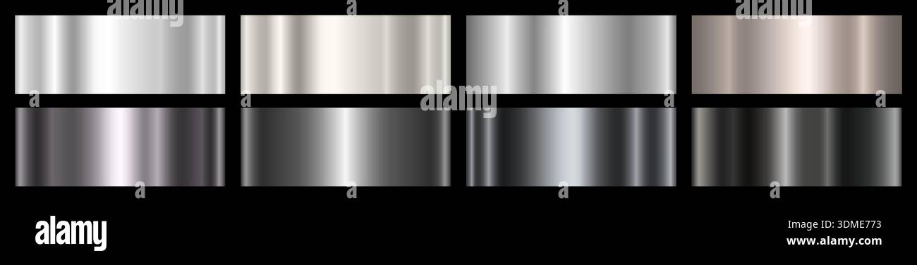 Ein Satz metallischer Silber-, Platin- und schwarzer Verläufe. Eine Sammlung von acht Silbertönen. Stock Vektor