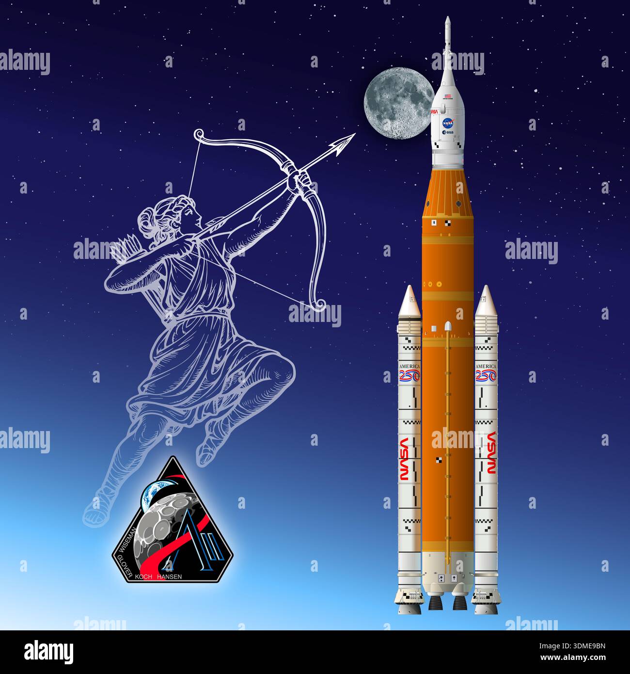 ARTEMIS II Weltraumrakete für Mondmission, Illustration auf Sternenhimmel Hintergrund und Mondsatelliten und mythologisches Bild von Artemis, Patch Stockfoto