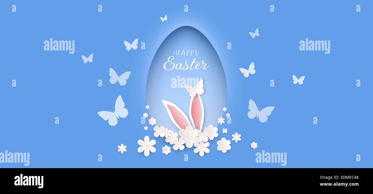 Frohe Osterkarte mit Hasenohren, Blumen und einem Schmetterling auf blauem Hintergrund mit einem Ei. Ein Feiertagsbanner. Stock Vektor