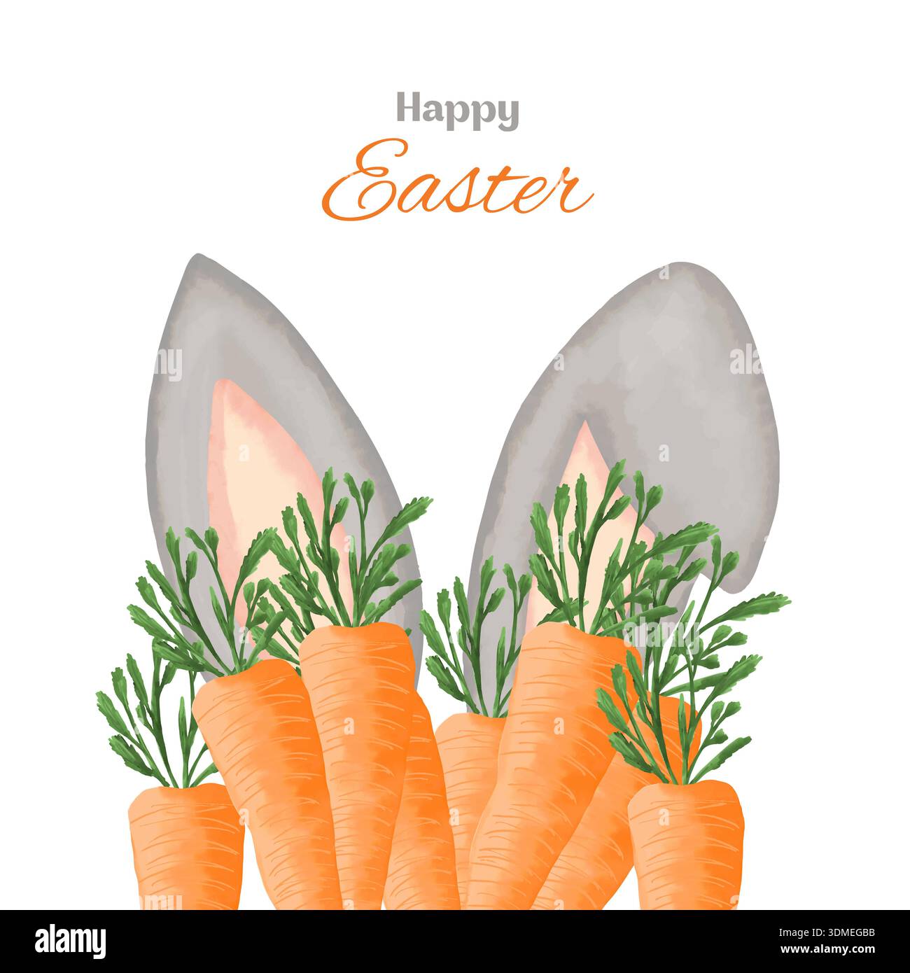 Handgemalte Ostern-Illustration mit süßen Hasenohren, umgeben von einem Haufen Karotten Stockfoto