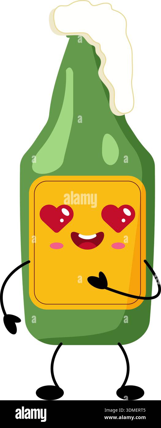 Lächelnde Kawaii Bierflasche Charakter mit Schaum, verspielte Zeichentrick Alkohol Illustration. Stock Vektor