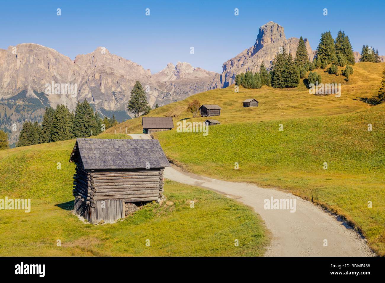 Traditionelle hölzerne Almhütten und Almen bei Corvara in Badia, Alta Badia, Südtirol, Dolomiten, Italien Stockfoto
