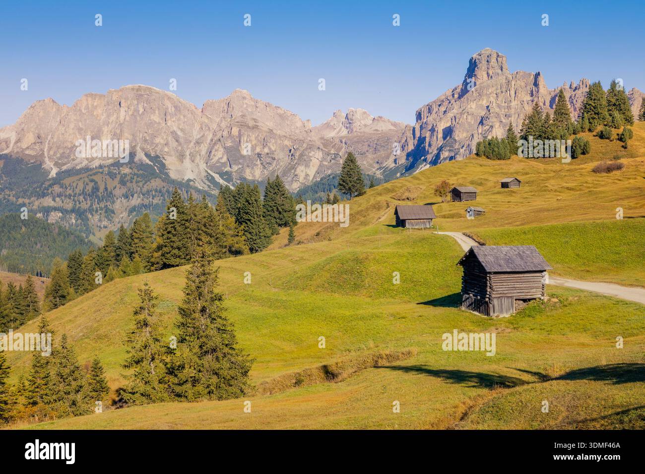 Traditionelle hölzerne Almhütten und Almen bei Corvara in Badia, Alta Badia, Südtirol, Dolomiten, Italien Stockfoto