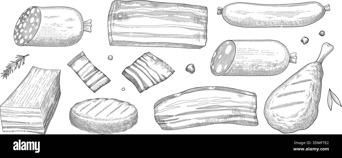 Skizze von Fleischprodukten. Handgezogenes Rindfleisch-, Lamm- und Schweinefleisch extra oder mittelselten. Grillwürste Stock Vektor