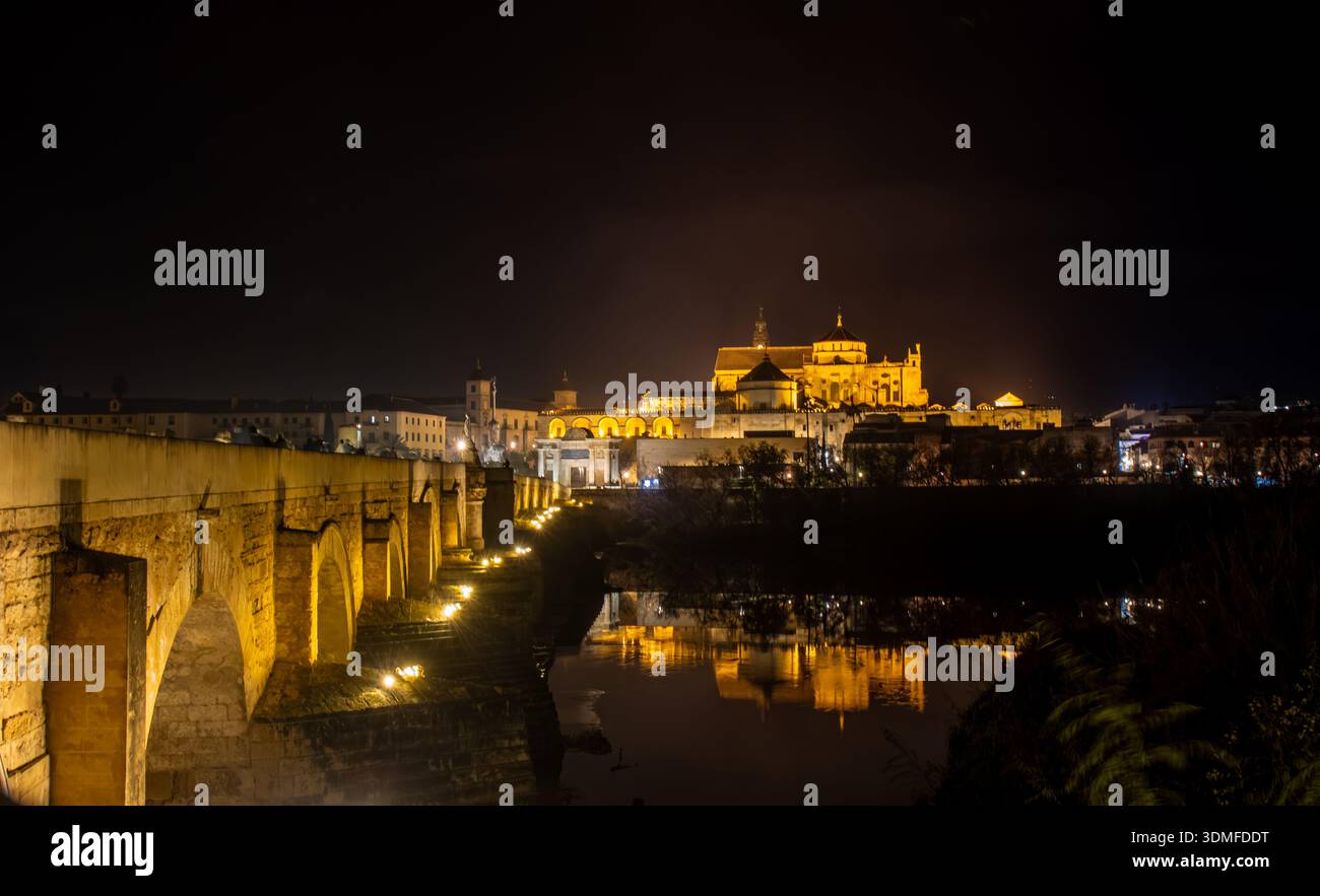 Puente romano de Córdoba y Mezquita al fondo, iluminados por la noche y sus reflejos en el Río Guadalquivir. Spanien Stockfoto