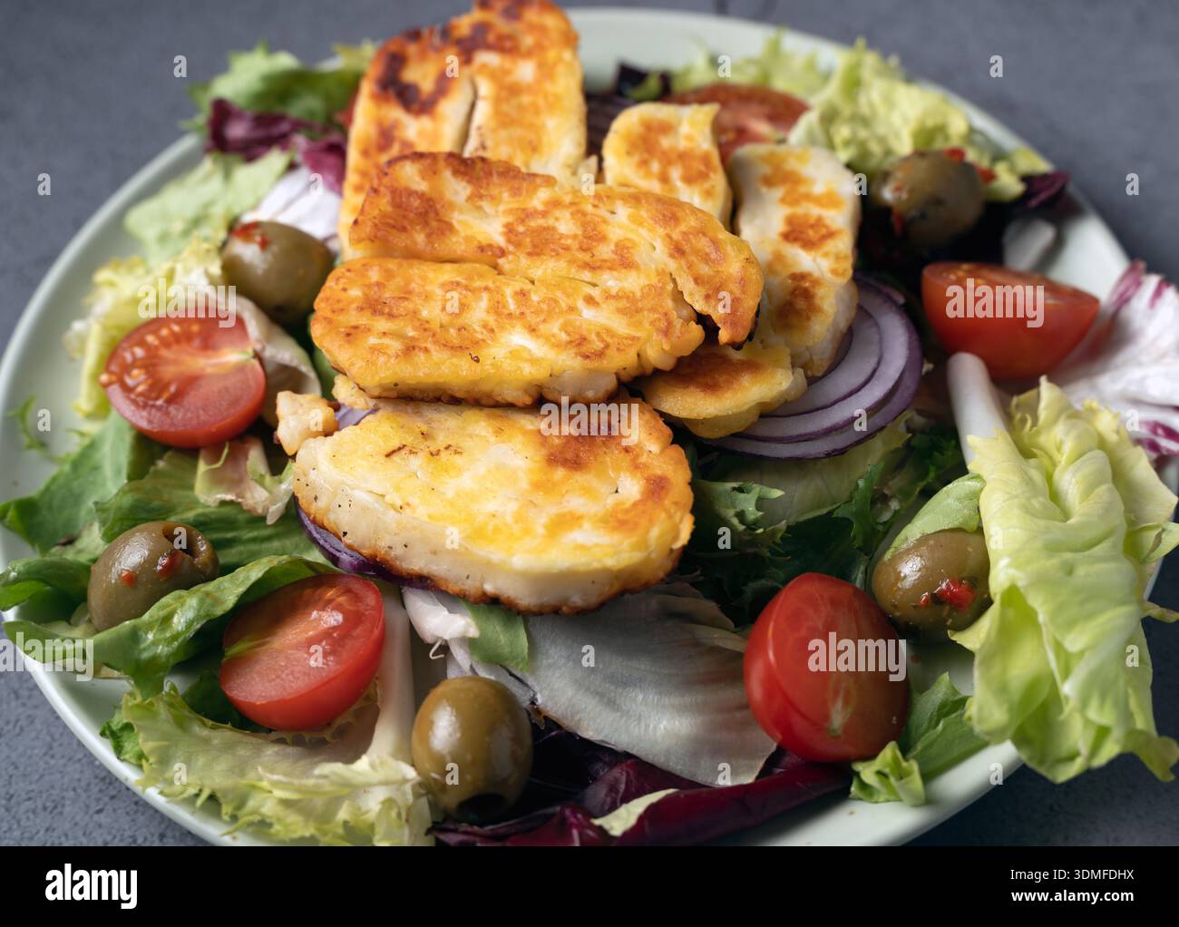 Makroaufnahme aus goldbraunen halloumi-Käsescheiben mit Oliven, roten Zwiebeln und Tomaten. Detaillierte Lebensmittelfotografie für kulinarische Zwecke Stockfoto