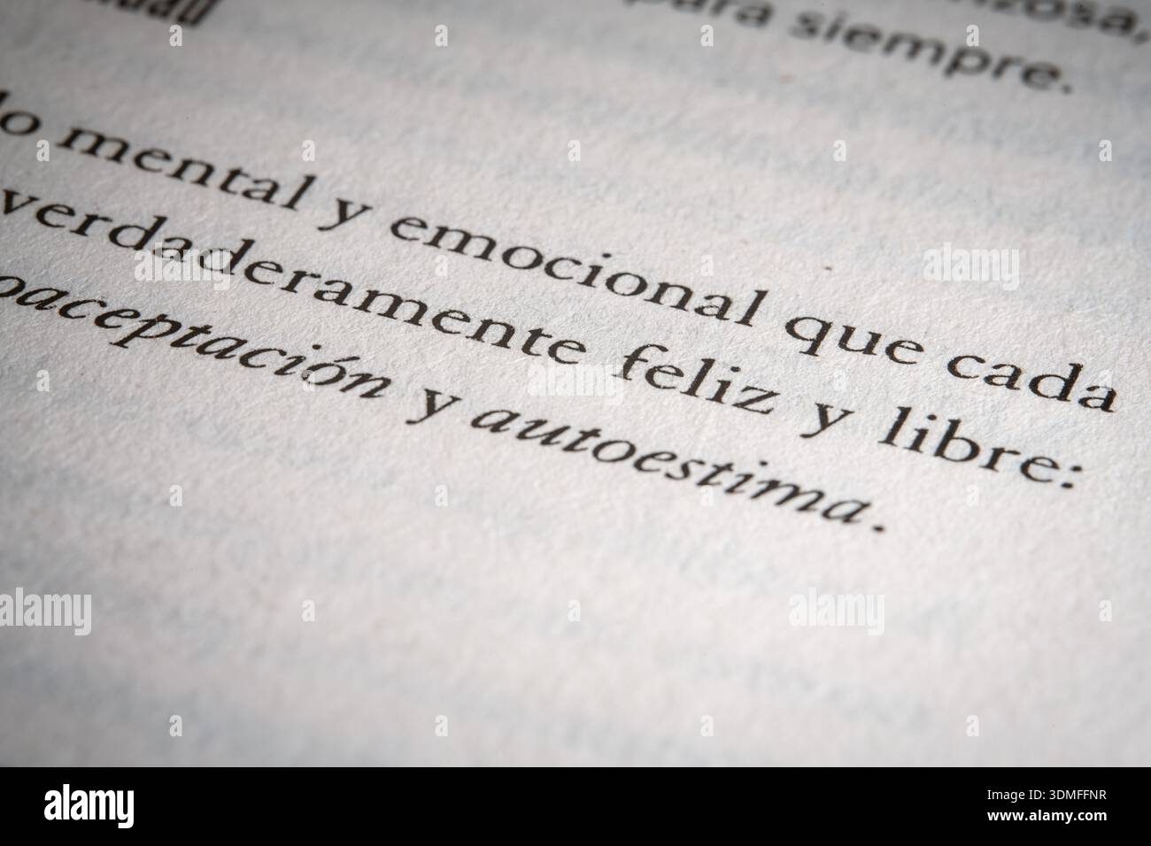 Nahaufnahme eines spanischen Textes auf einer Seite, wobei der Schwerpunkt auf Wörtern im Zusammenhang mit Glück und Selbstwertgefühl liegt Stockfoto