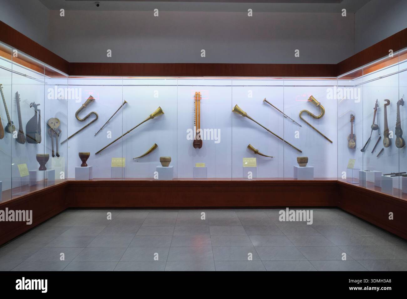 Im Nationalmuseum in Duschanbe, Tadschikistan, werden verschiedene lokale Musikinstrumente ausgestellt, darunter ein Dutar und Hörner. Stockfoto