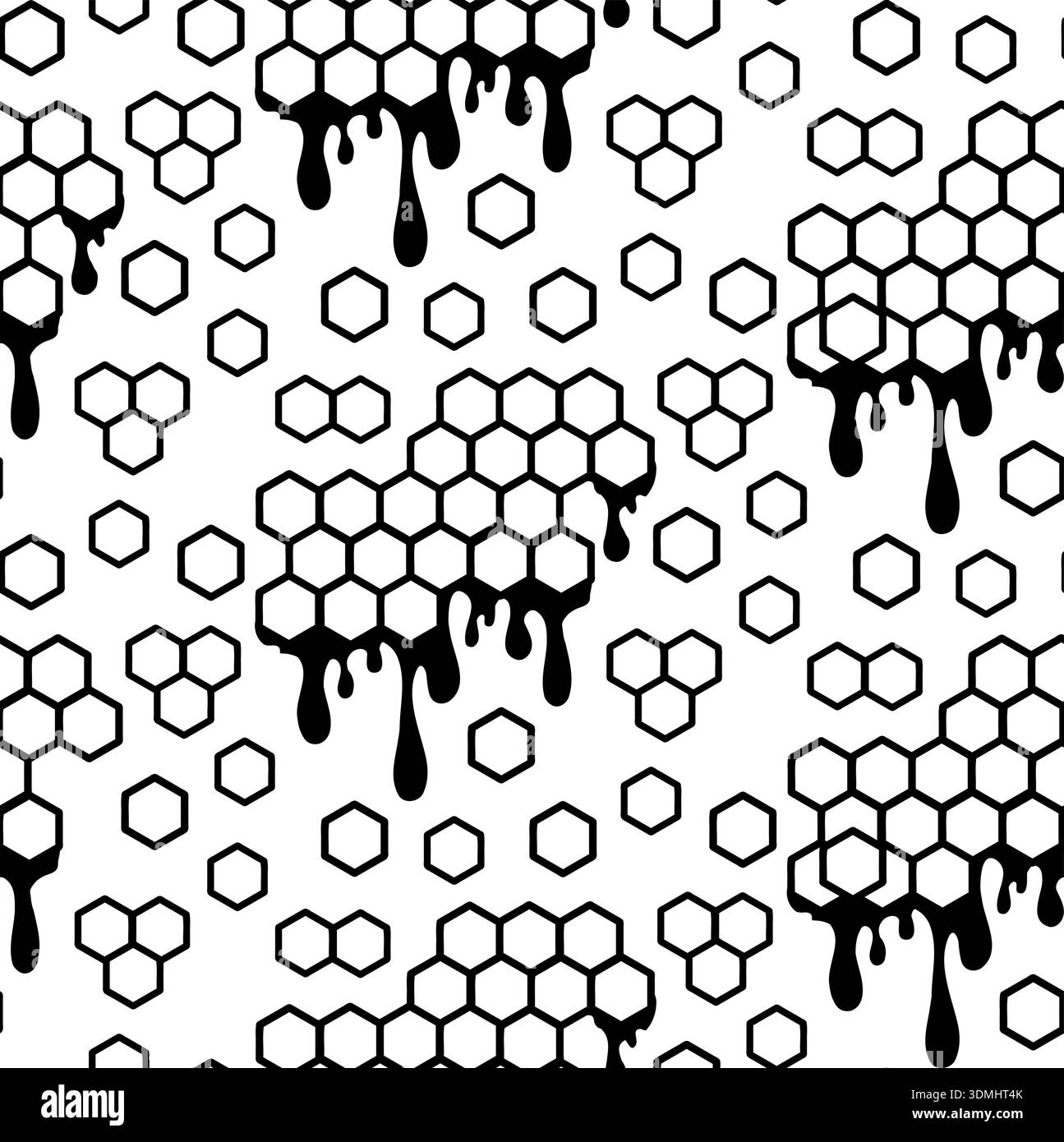 Nahtloses schwarz-weißes Wabenmuster mit tropfenden Formen. Geometrische Sechsecke in Kombination mit flüssigen Tropfen sorgen für einen starken grafischen Kontrast und einen modischen Look Stock Vektor
