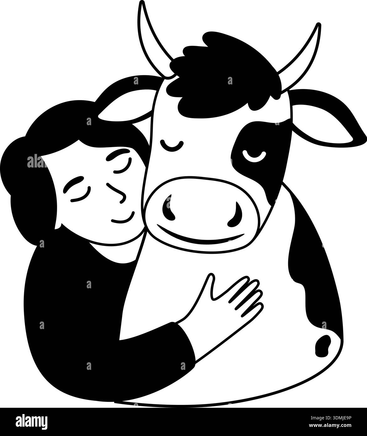 Mädchen und Kuh kuscheln. Bauernhof-freundliches Tiersymbol isoliert auf weißem Hintergrund Stock Vektor