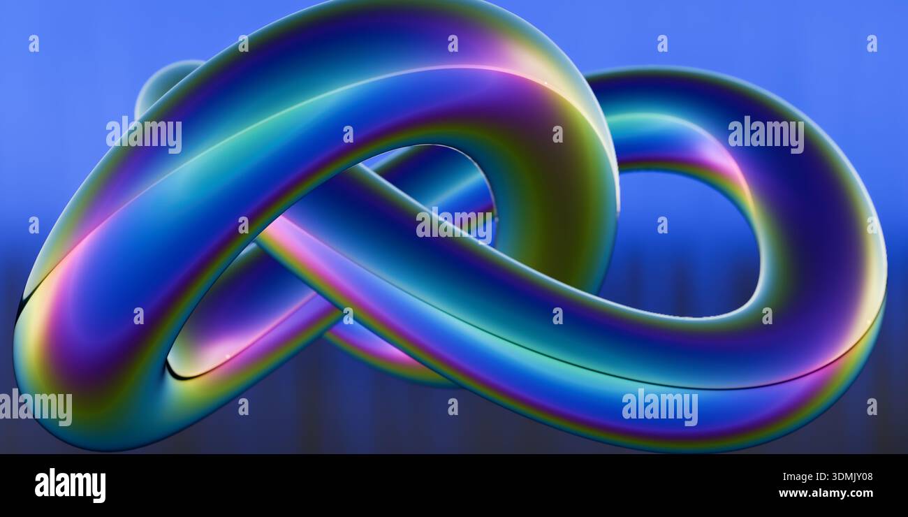 Ein bunter irisierender Knoten mit glatten Kurven vor blauem Hintergrund. 3D-Rendering Stockfoto