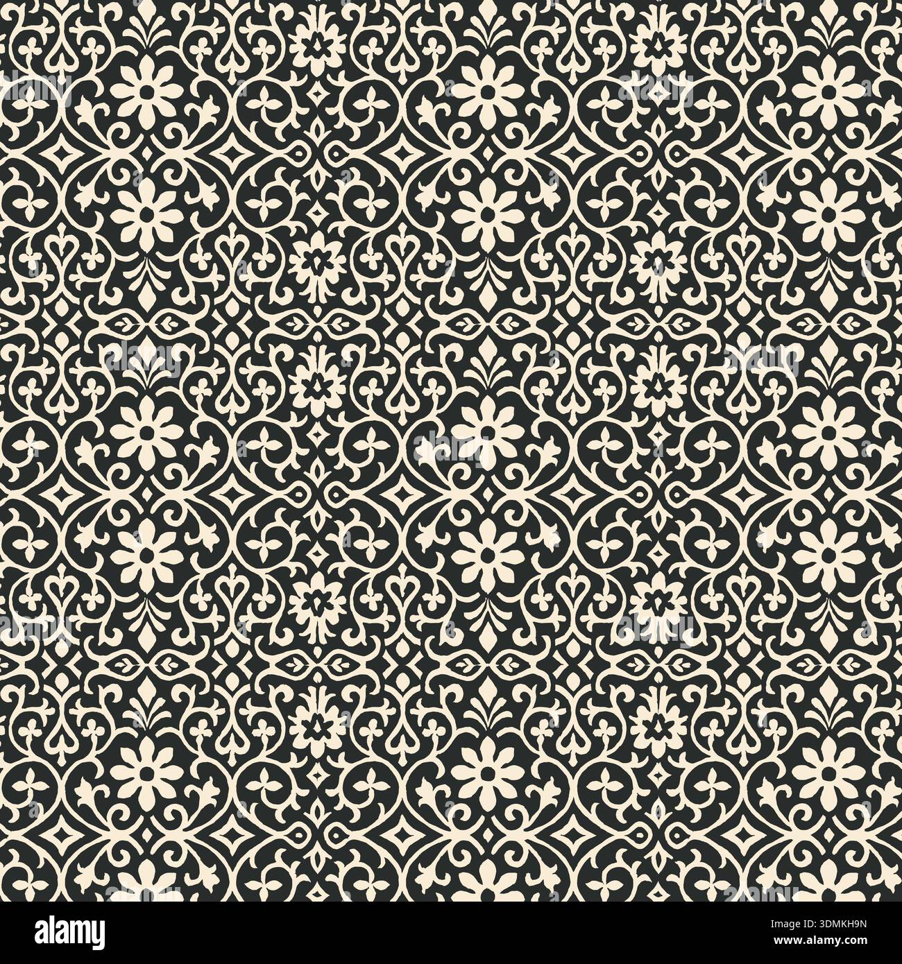 Ein elegantes, kontrastreiches, nahtloses Damastmuster in Schwarz und Creme mit einem komplizierten, symmetrischen Blumen- und Arabesken-Motiv. Ideal für Stock Vektor