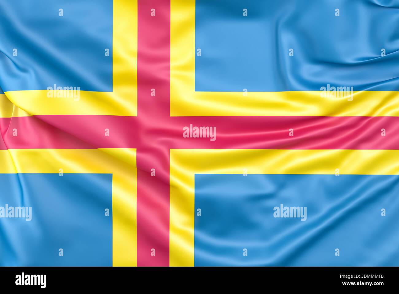 Aland-Flagge mit blauen, gelben und roten Farben symbolisiert Selbstverwaltung und Stolz. 3D-Rendering Stockfoto