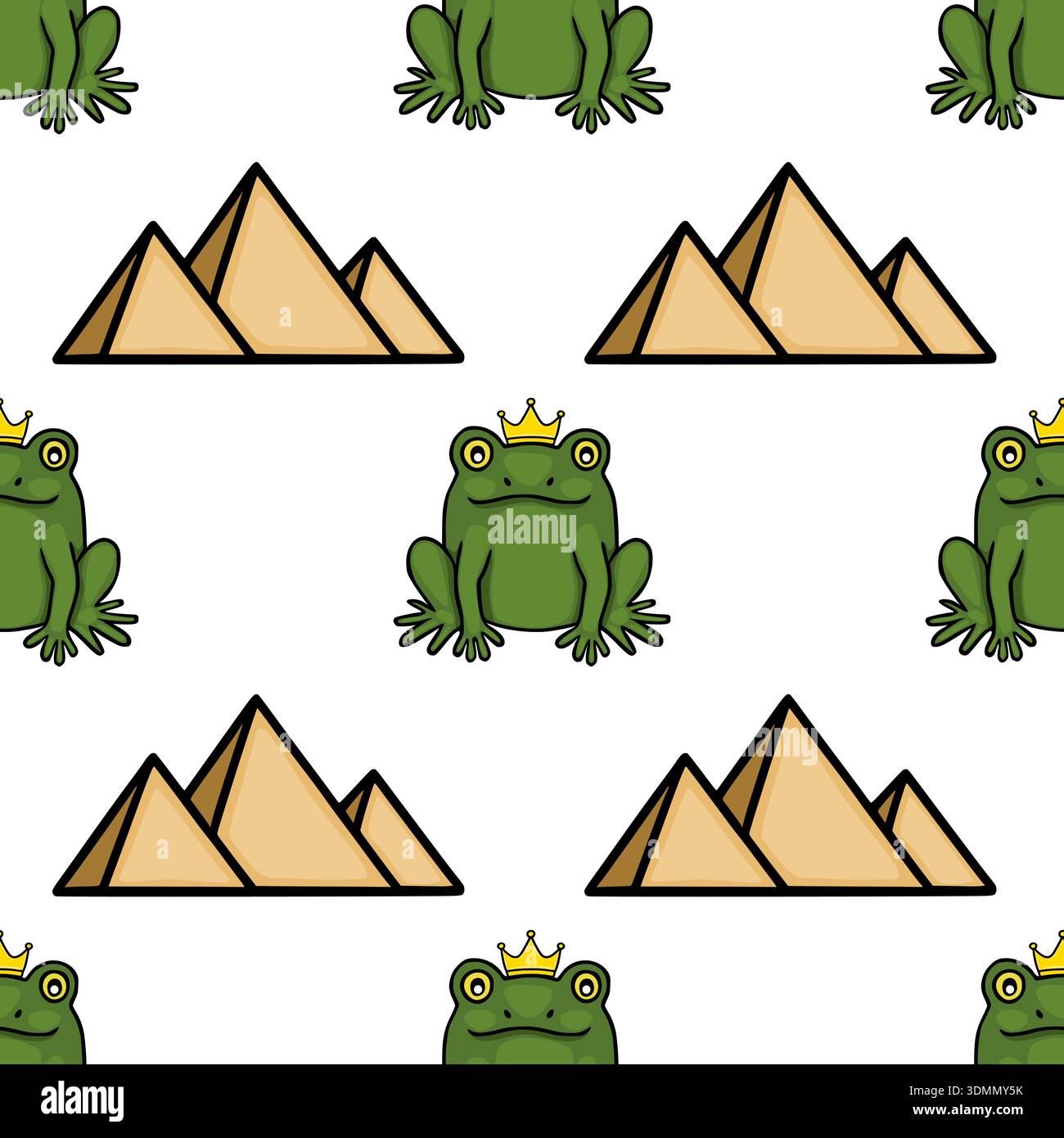 Nahtloses Vektormuster eines gekrönten Frosches mit Pyramiden, skurrile Illustration Stock Vektor