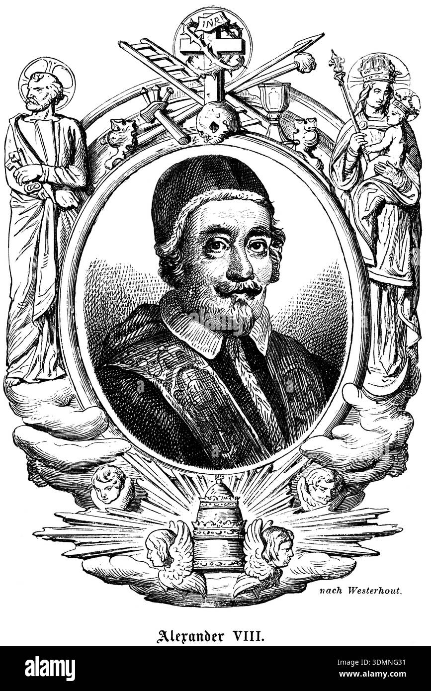 Papst Alessandro VIII.; Alexander VIII. (1610–1691) Katholische Kirche, Porträt Persönlichkeit, historische Illustration 1863 Stockfoto