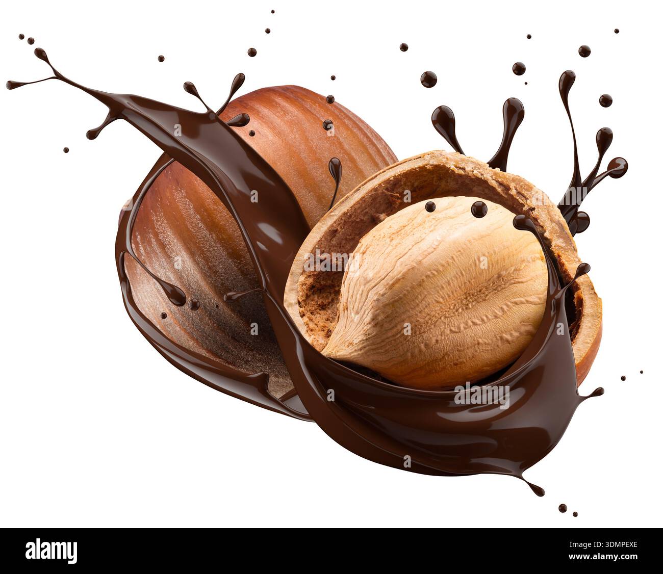 Haselnuss- und Schokoladenspritzer auf weißem Hintergrund. Stockfoto