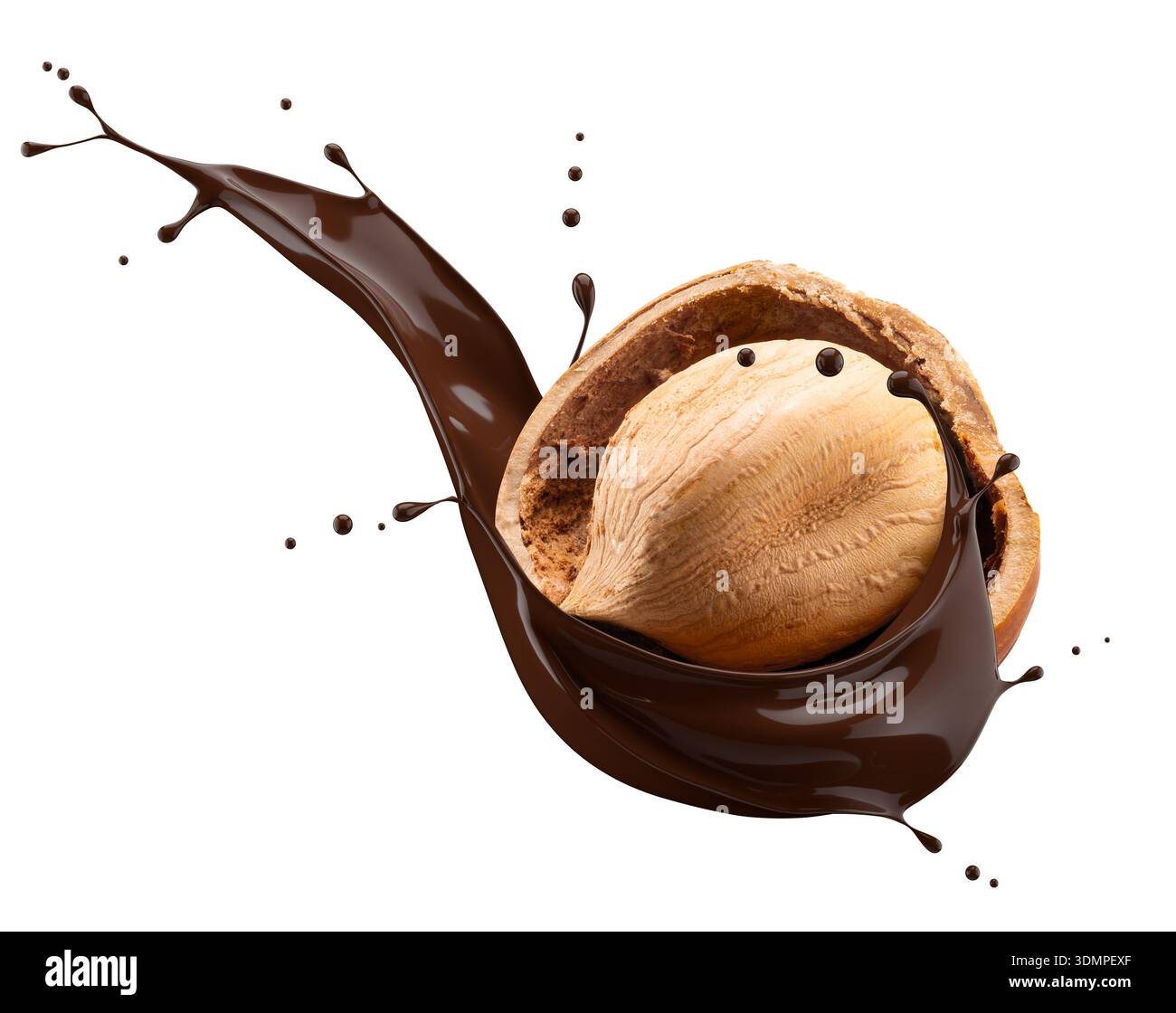 Haselnuss- und Schokoladenspritzer auf weißem Hintergrund. Stockfoto