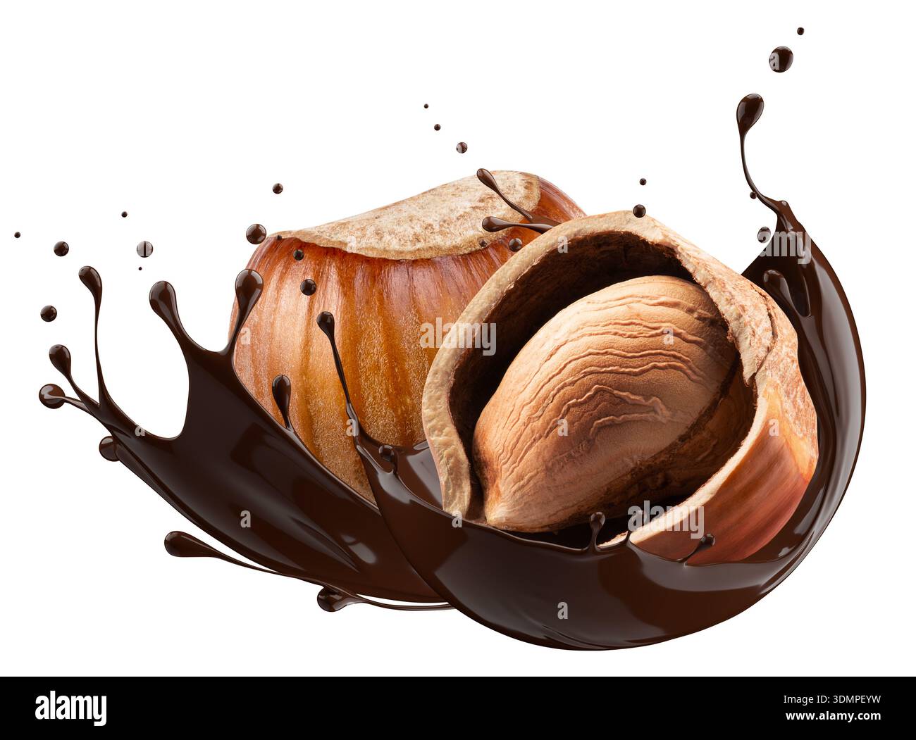Haselnuss- und Schokoladenspritzer auf weißem Hintergrund. Stockfoto