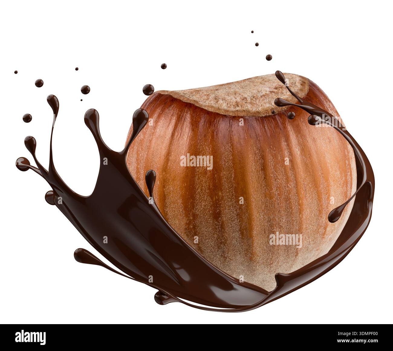 Haselnuss- und Schokoladenspritzer auf weißem Hintergrund. Stockfoto