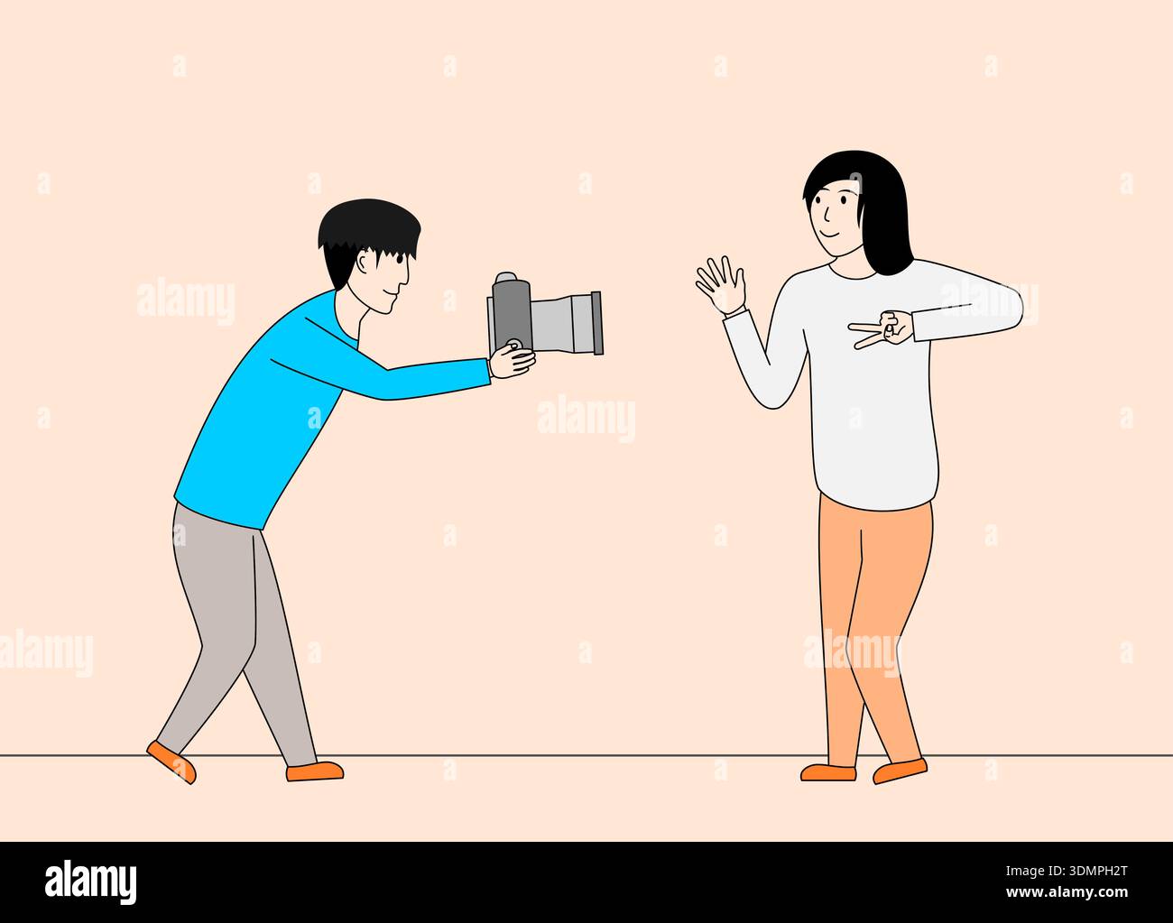Der Mann macht ein Foto von einer Frau. Die Frau macht ein komisches Gesicht und der Mann versucht, den Moment festzuhalten Stock Vektor