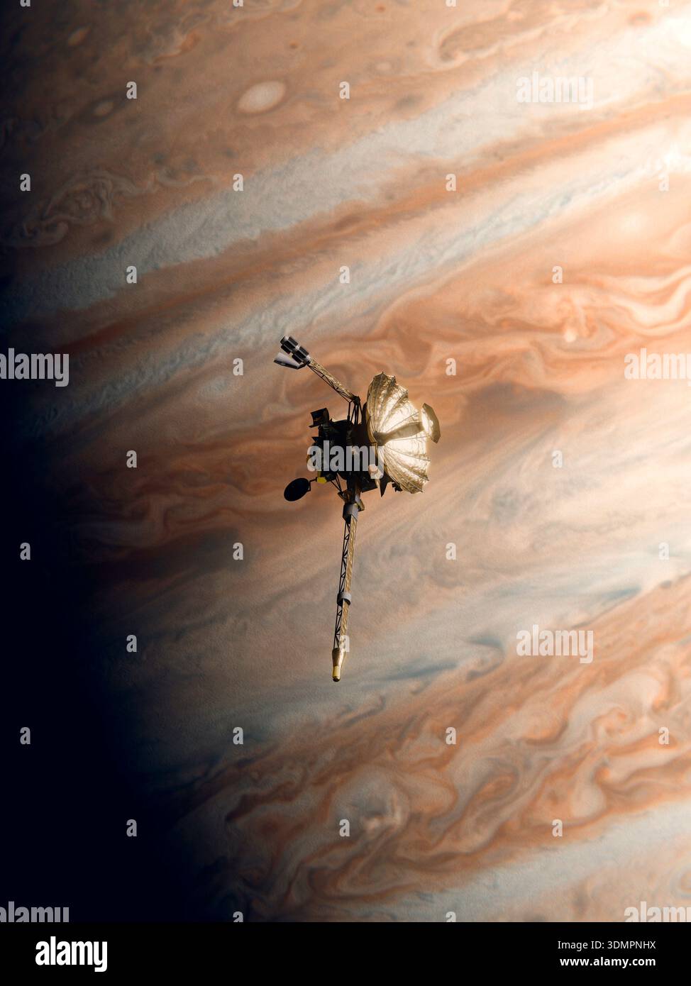 Die NASA-Sonde Galileo startete 1989 und erreichte 1995 den Orbit um Jupiter, um das Jovian-System zu untersuchen. Im Orbit wurde eine Sonde freigesetzt, die herausfand, dass Jupiters Atmosphäre hauptsächlich Wasserstoff und Helium ist. Außerdem wurden einige Jupitermonde detailliert untersucht. Etwas über einen Meter breit, schickte das Raumschiff eine riesige Menge wissenschaftlicher Daten über das Jovian-System zurück. Als ihm der Treibstoff ausging, hätte er in einen Jovianischen Mond gestürzt und ihn kontaminiert haben können. Um dies zu vermeiden, stürzte er am 21. September 2003 in die obere Atmosphäre des Jupiters. Stockfoto