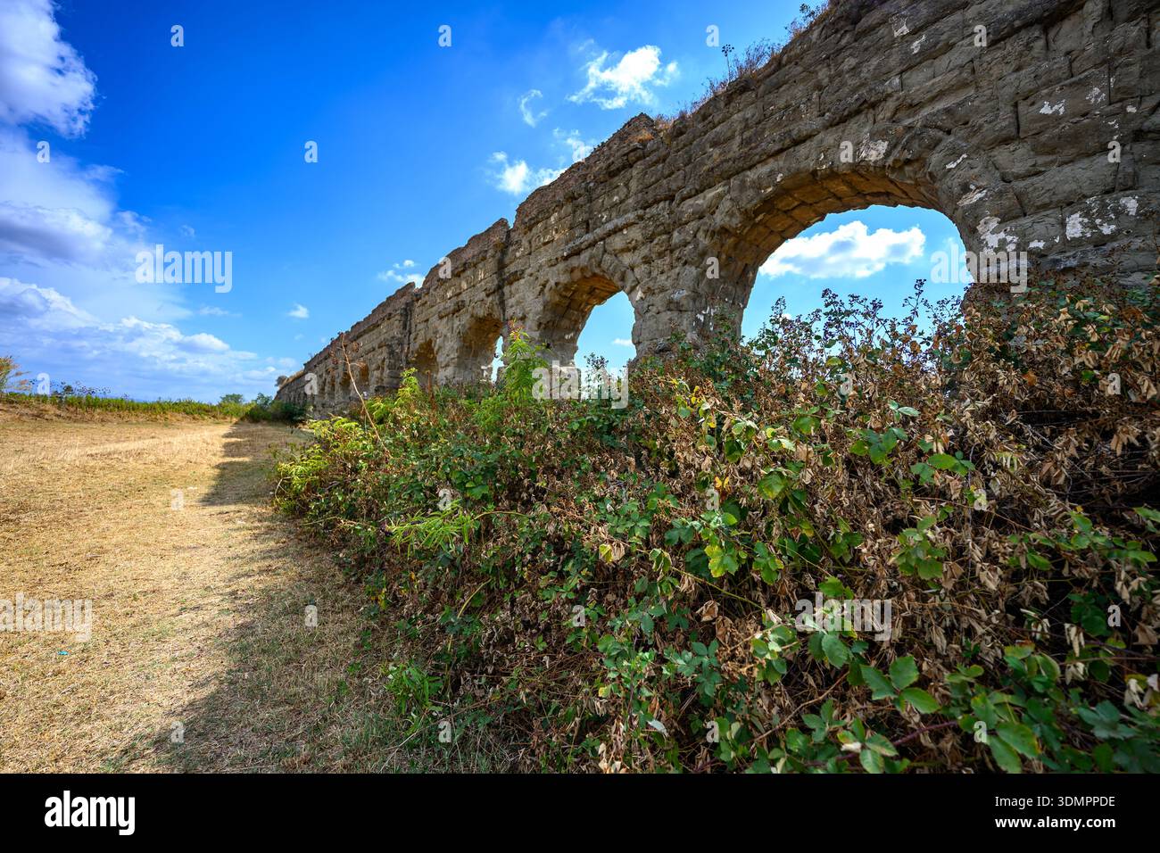Großer Außenblick auf die römische Aquäduktarchitektur, integriert in die Landschaft des Parco degli Acquedotti, Rom. Stockfoto